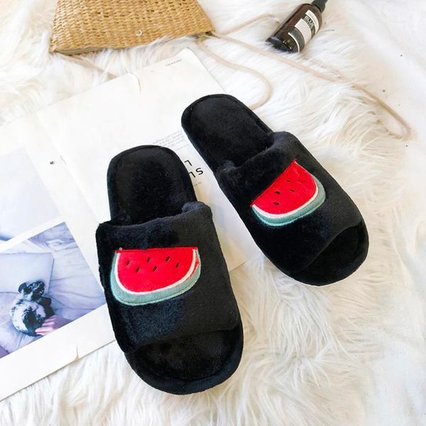

slippers winter women's fashion warm watermelon fruit print cotton shoes cute home floor flip flop open toe non-slip1, Black