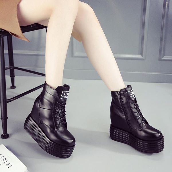 

boots women ankle platform 6cm high heels flat black punk genuine leather fashion shoes winter ladies