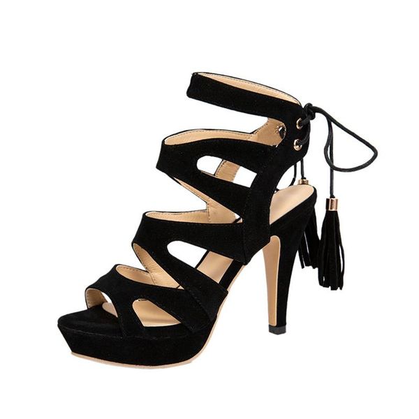 

dress shoes women sandals thin heel fringe ankle strap platform faux suede fashion concise basic solid roman party pumps, Black