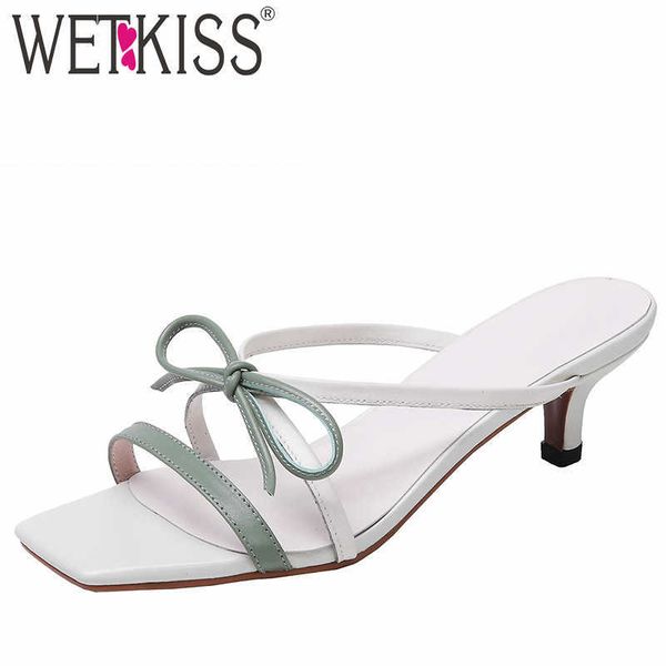 

wetkiss high heels slippers woman women slides shoes cow leather stitching mules shoes summer fashion slides shoes 210630, Black