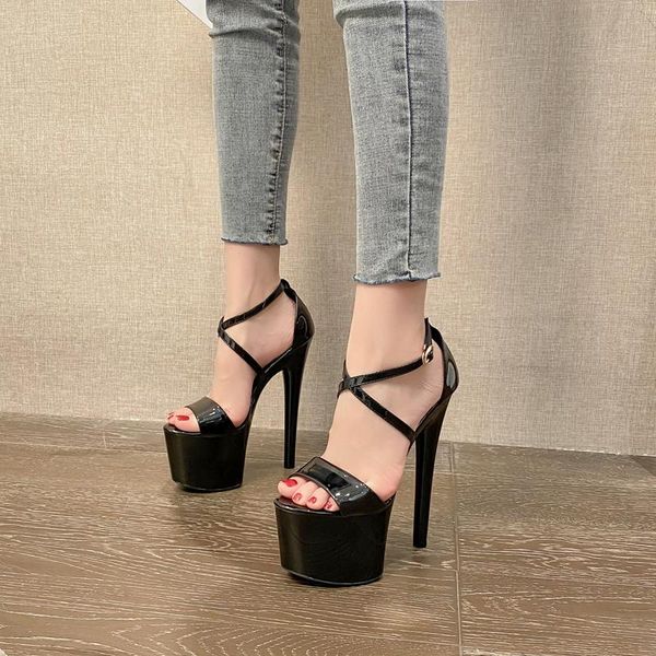

size 35-41 black sandals 17cm high heels ladies stripper shoes thin heel cross strap party pumps women gladiator platform sandal