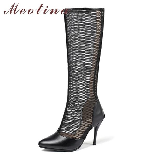 

boots meotina knee-high women pointed toe cutouts high heel shoes zipper thin heels sandals ladies summer black white size 11.5
