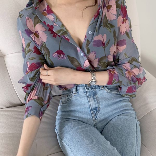 

[ewq] turn-down collar loose new arrival shirts female retro blouse floral print full sleeve blouses chiffon summer shirt 210423, White