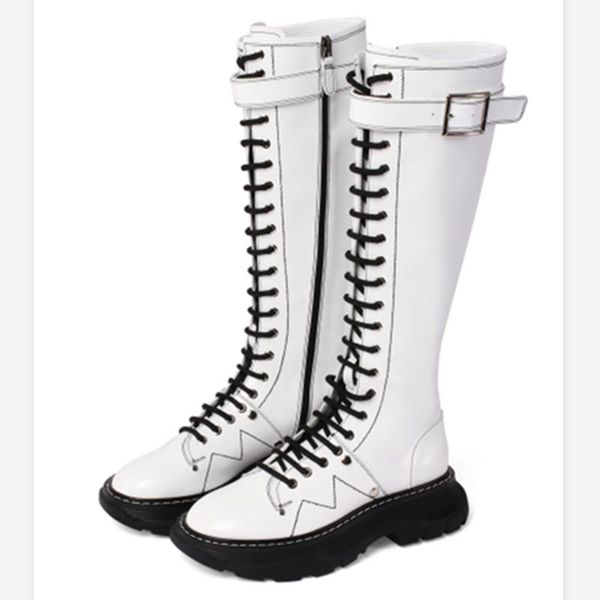 

boots fashion women med zipper female shoes cross-tied belt buckle round toe platfrom patent leather, Black