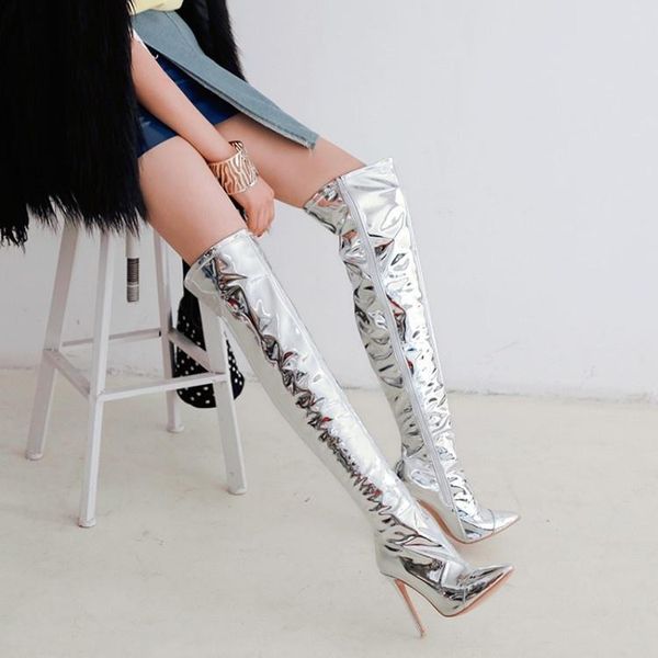 

boots large pointed ultra-high heel side zipper knee silver women's, Black