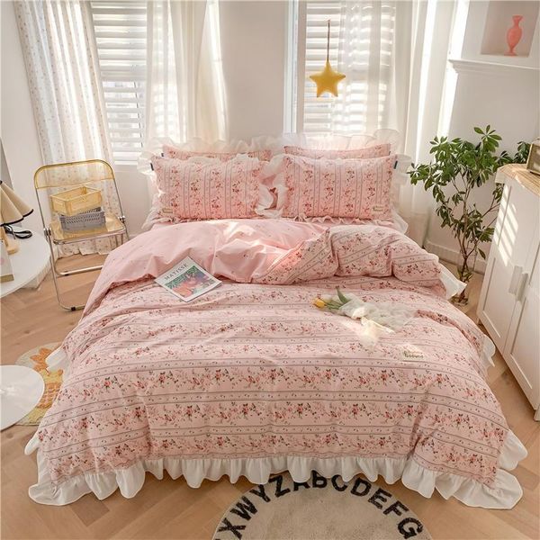 

bedding sets farmhouse floral ruffles duvet cover set 100% cotton girls rose flower 3/4pcs fitted sheet or flat pillowcases