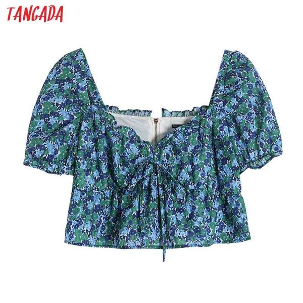 

women retro blue floral print crop short sleeve zipper summer chic female shirt 4h34 210416, White