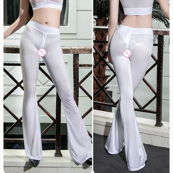 

flare zipper open crotch womens capris full length flares wetlook bell bottom trousers boot cut see thro long, Black;white