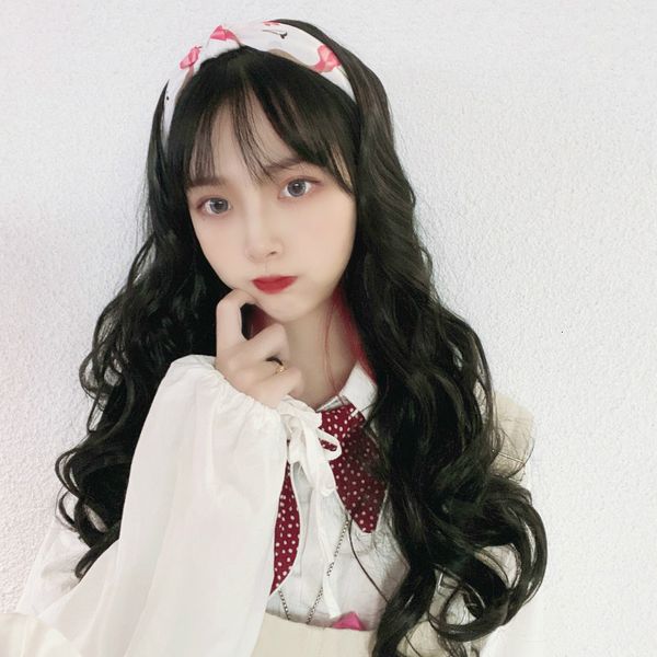 

hairband wig female invisible breathable u-shaped half head cover long curly hair big wave live tape manufacturer, Black;brown