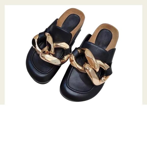 

slippers design gold chain women slipper closed toe slip on mules shoes round low heels casual slides flip flop, Black