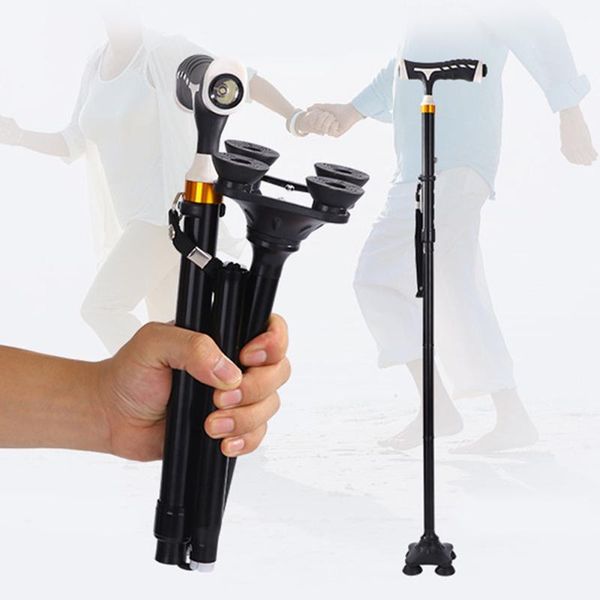 

trekking poles led light folding walking stick t-handle collapsible hiking cane four-legged with lamp non-slip safe