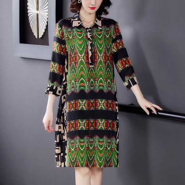 

spring vintage print mulberry silk shirt dress summer 4xl plus size beach midi sundress elegant women bodycon party vestido casual dresses, Black;gray