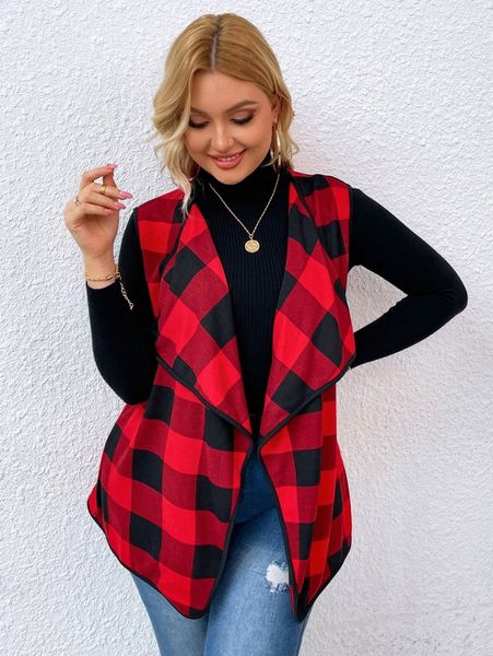 

plus buffalo plaid print open front vest coat l8bk#, Black