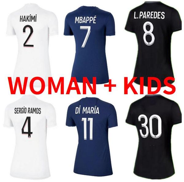 

women sergio ramos mbappe icardi soccer jerseys 2021 2022 home away purple verratti draxler wijnaldum marquinhos 21 22 ladies football shirt, Black;yellow