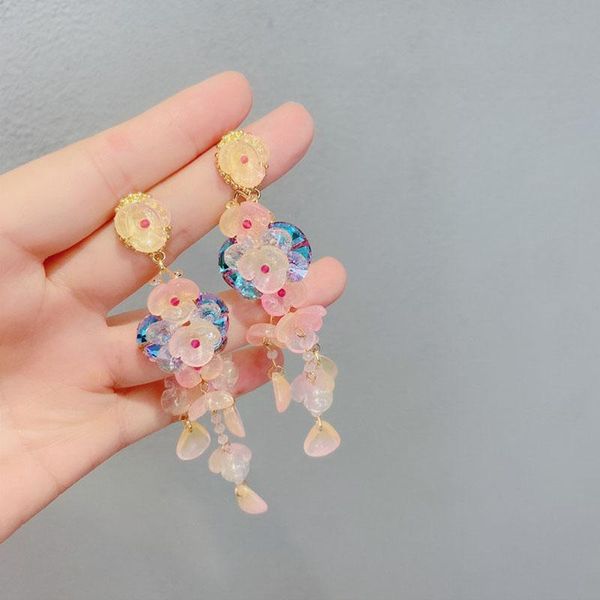 

dangle & chandelier korean fashion fabric flower drop earring crystal rhinestone pearl tassel long earrings for women girls trendy jewelry, Silver