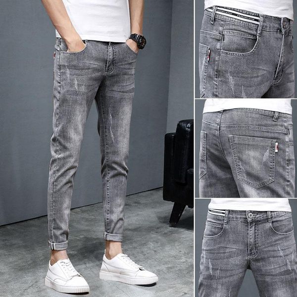 

men's jeans denim slim feet korean all-match autumn 2021 casual street grey brand stretch teenagers pencil pants, Blue