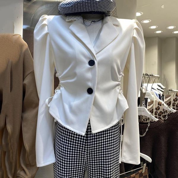 

women's suits & blazers [ewq] korea chic white blazer women autumn 2021 notched drawstring pleated lapels hollow out long sleeve suit j, White;black