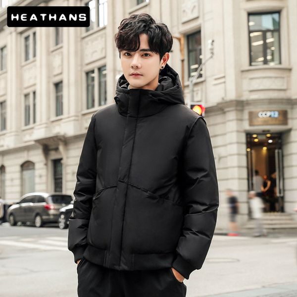 

men's 20 degree winter hooded et, thick and warm, short, white duck down coat, zipper, 90%, Black