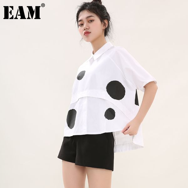 

[eam] women polka dot irregular big size blouse lapel short sleeve loose fit shirt fashion spring summer 1dd5140 210512, White
