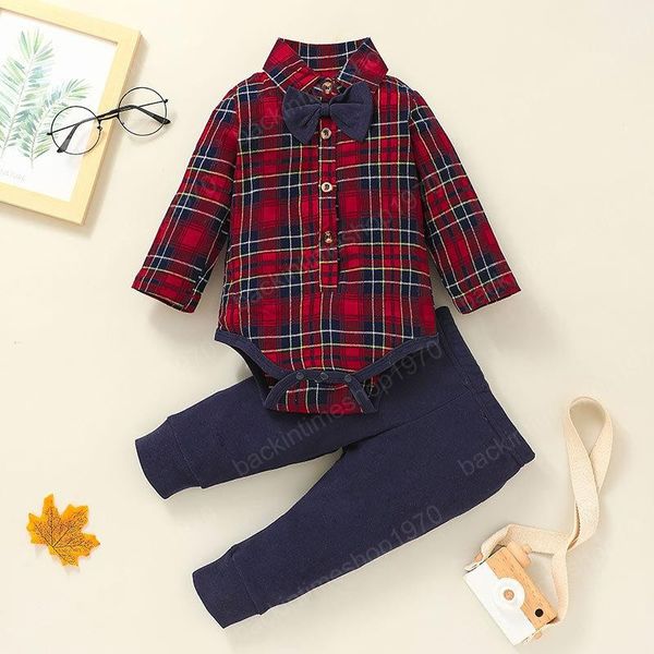 Set di abbigliamento per bebè a quadri Pagliaccetti con papillon scozzesi + pantaloni Autunno 2021 Ultimi vestiti da boutique per bambini 0-2T Abiti da gentiluomo a maniche lunghe per bambini