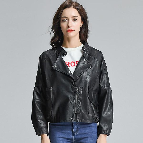 

women's leather & faux 2021 soft pu jacket for women loose motorcyclists zip street coat punk, Black