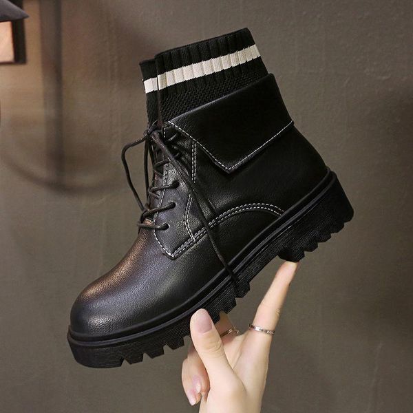 

boots women british style student girl flat winter suede plus velvet short cotton shoes matte fashion cute kawaii socks, Black