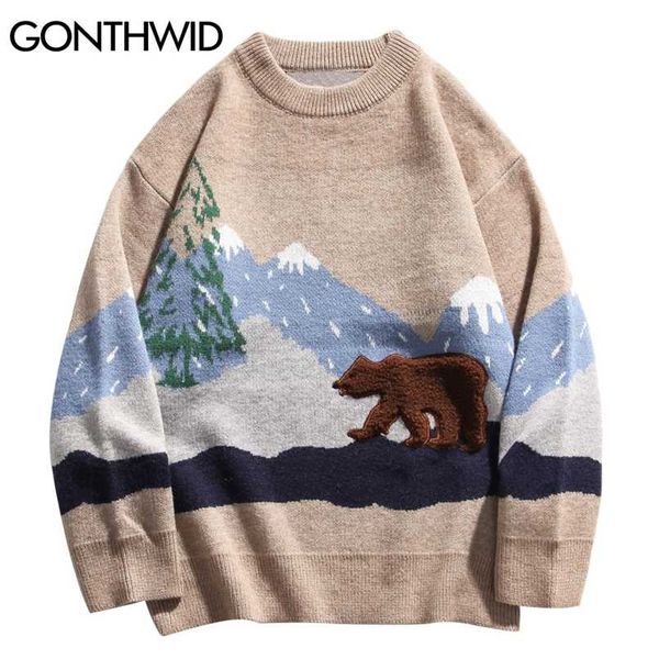 

gonthwid snow mountain bear patchwork knitted jumper sweaters streetwear mens hip hop harajuku casual knitwear fashion knit 211006, White;black