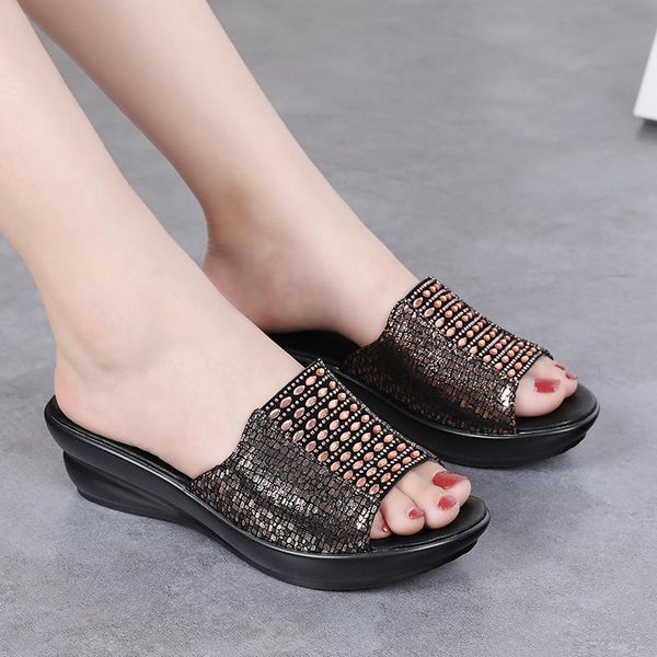 

slippers crystal women slipper sandals wedges platform genuine leather peep toe female ladies summer shoes plus size 40, Black