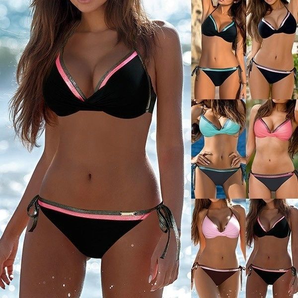 

women's bandage bikini swimsuits colorblock bikini sets beachwear, Red;black