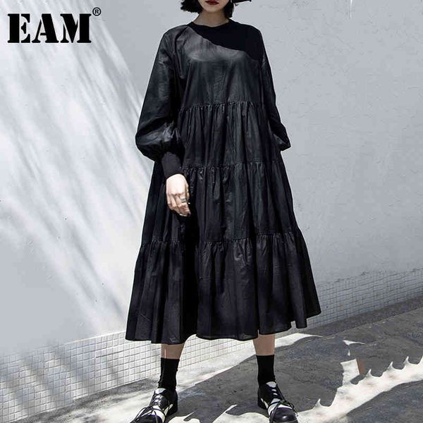 

[eam] women black big size casual pleated dress round neck long sleeve loose fit fashion spring summer 1dd8475 21512, Black;gray