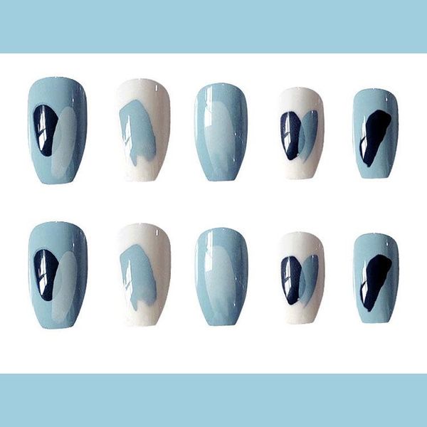 

false nails 24pcs blue white graffiti nail patch glue type removable long paragraph fashion manicure save time fa, Red;gold