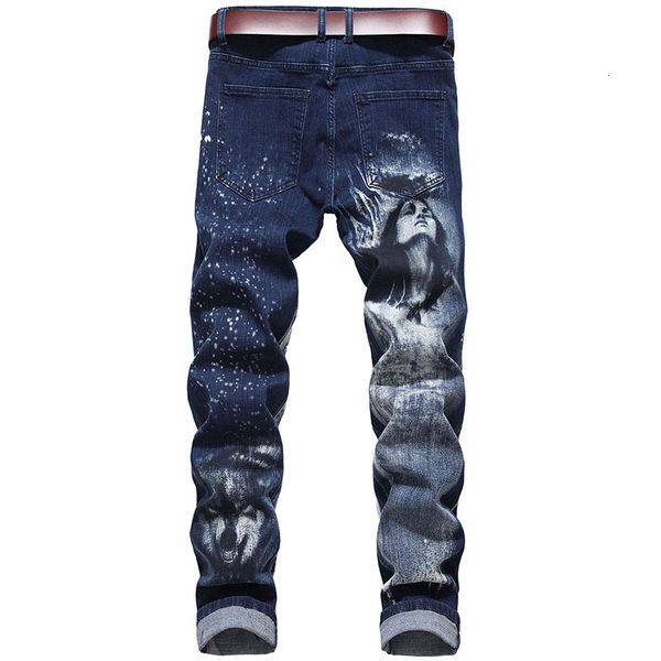 

mens causal 3d printing casual elastic jeans denim pants washed beautiful lady wolf head high quality, Blue