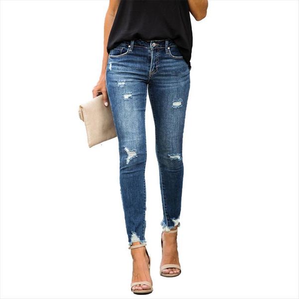 

fashion washed ripped cotton women jeans denim pencil pants slim elasticity skinny vintage distressed pleated femme, Blue