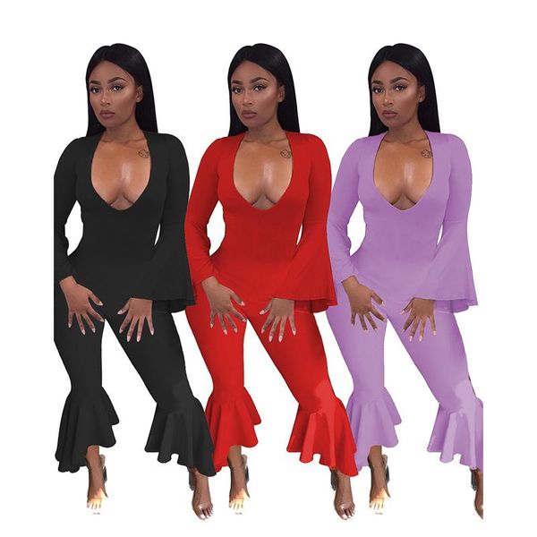 

women's jumpsuits & rompers plus size jumpsuit women flare sleeve solid color romper tracksuit clothes oversized lounge wear ladies out, Black;white