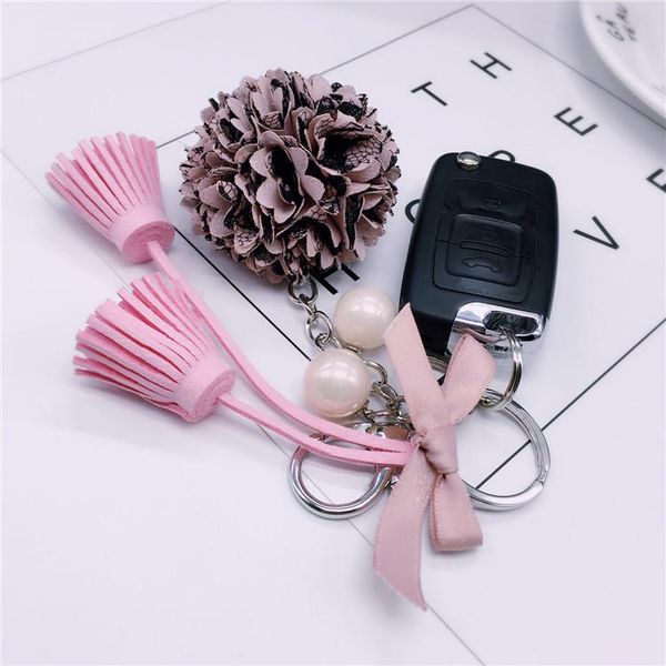 

keychains charm fashion leather rose flower key chain cute tassel women keychain female bag pendant jewelry, Silver