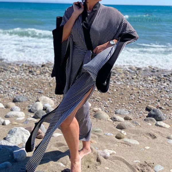 

women's swimwear 2021boho plaid cover-ups printed long kimono cardigan open front women plus size beach wear swim suit cover up a993, White;black