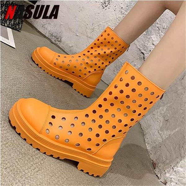

boots 2021 women shoes summer breathable hollow hole ankle female soft comfortable platform motorcycle zapatos de mujer, Black