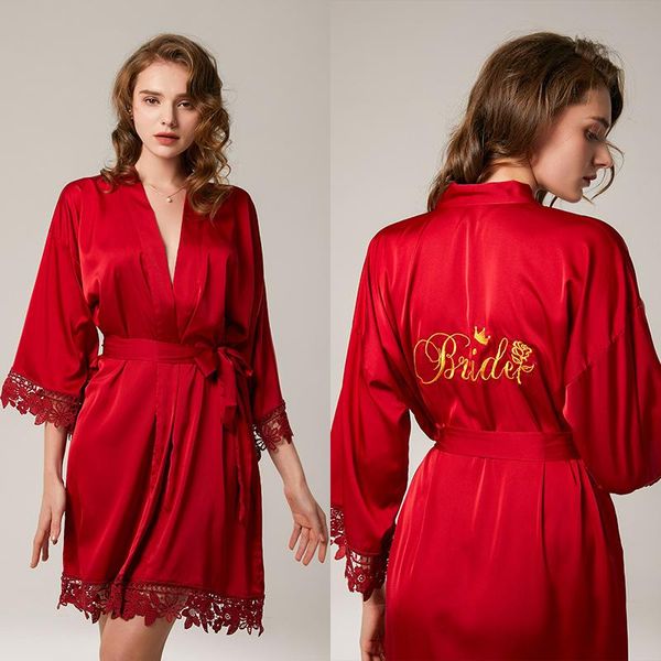 

silk robes for women bride dressing gown custom lace wedding po robe thin ladies makeup bridesmaid gifts women's sleepwear, Black;red
