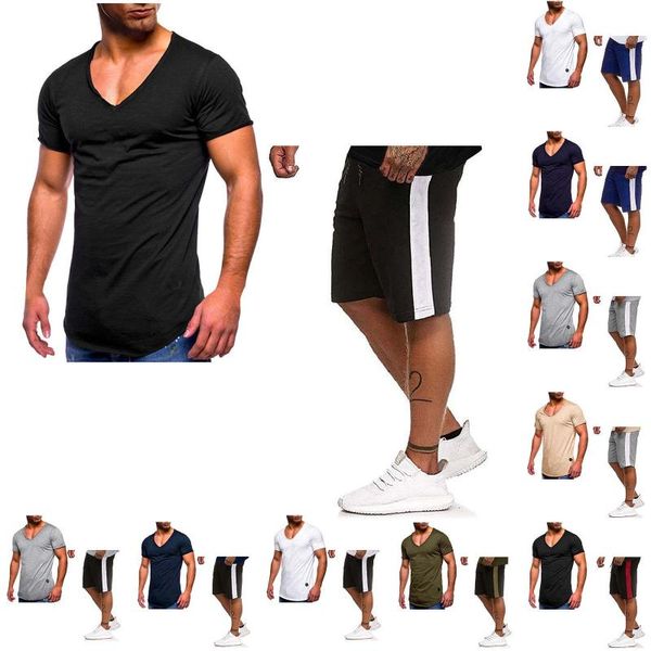 

gym clothing men's sports suit summer solid color large size v-neck short-sleeved matching shorts, White;black