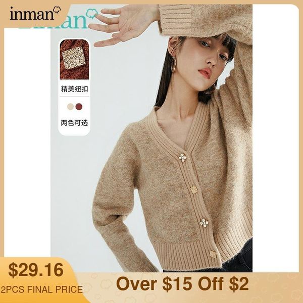 

women's knits & tees inman sweater coat autumn winter elegant v-neck design chic buttons minimalist loose dropped shoulder knitted card, White