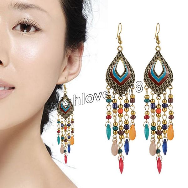 

bohemian colorful long tassel earrings for women geometric enamel antique gold color handmade drop dangle earrings pendientes, Silver