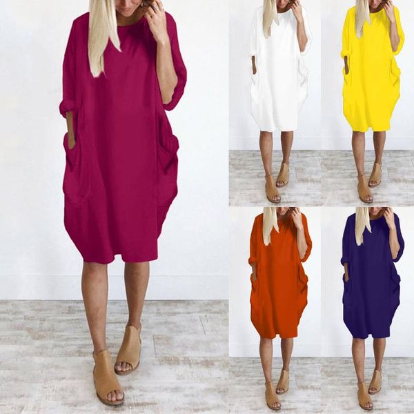 

casual dresses plus size women midi dress solid color long sleeve round neck loose tshirt streetwear vestidos autumn oversized robe, Black;gray