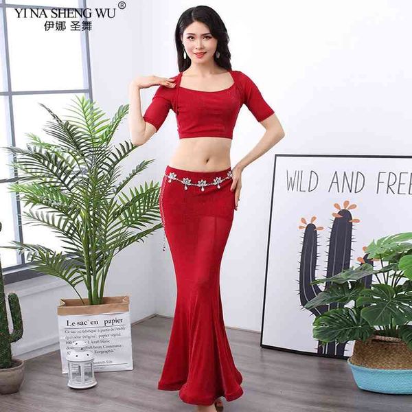 

Stage Wear Women Belly Dance Costume Silver Silk Mesh Practice Set Sexy Top+Long Skirt Oriental Dancing Performance Clothes M12Z, Black;red