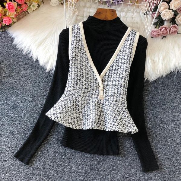 

women's sweaters 2021 autumn winter plaid vest sweater two-piece knit bottoming long-sleeved gd613, White;black