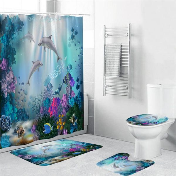 

shower curtains design dolphin fabric bathroom 3d curtain set with non slip toilet cover rugs mat home decoration