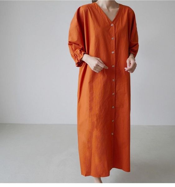 

casual dresses est women v-neck puffed sleeves cotton long buttons belt pockets pure color autum loose comfortable dress, Black;gray