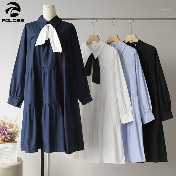 

casual dresses 2021 spring autumn preppy style shirt women long sleeve bow turn down collar loose sweet knee-length, Black;gray