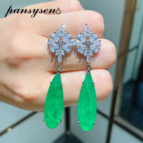 

pansysen vintage 10*30mm big size emerald drop dangle earrings for women silver 925 fine jewelry earring wholesale drop shipping, Golden;silver
