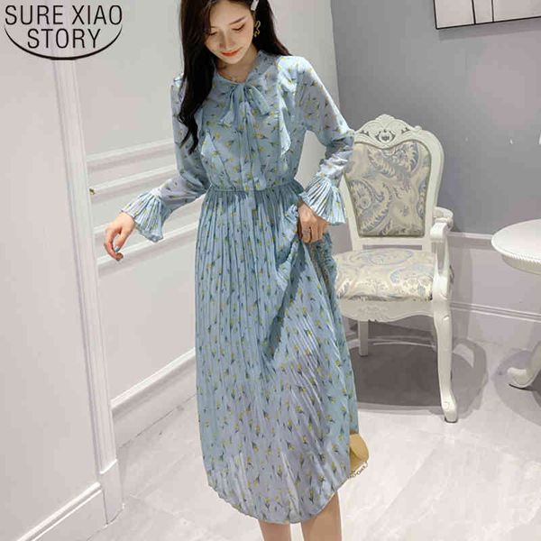 

sweet bow chiffon women autumn long floral print pleated dress high waist flare sleeve dresses casual vestidos 8697 210417, Black;gray