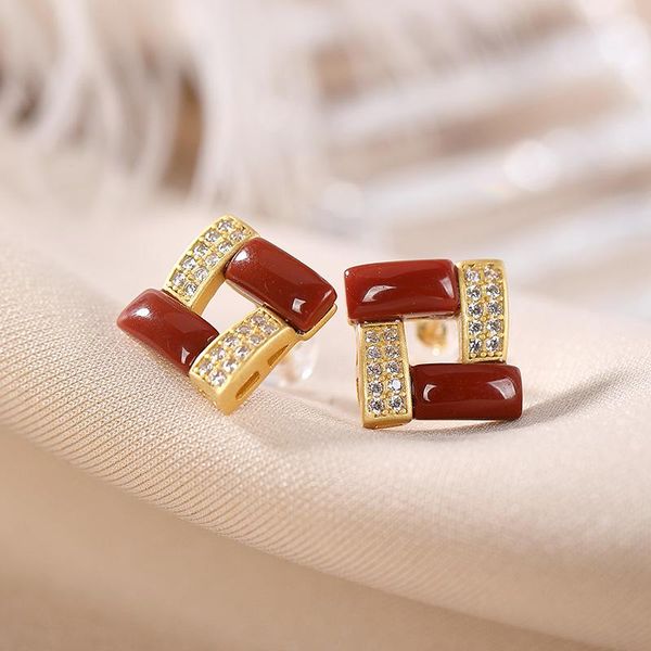 

chinese style s925 sterling silver earrings south red personality korean fashion temperament ladies irregular stud, Golden;silver